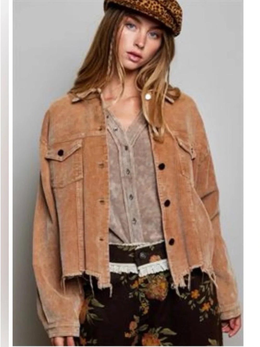POL | Women’s Caramel Macro Corduroy Button Front Chewed Hem Shacket Jacket Sz M